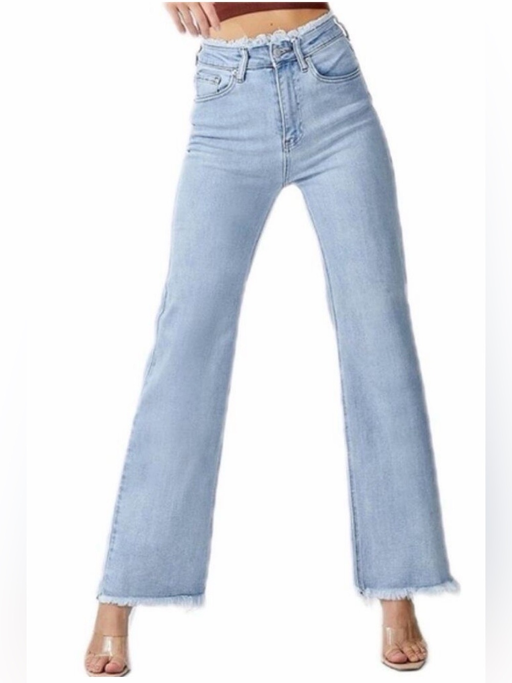 Risen High Rise Frayed Wide Leg Jeans Size 15 Light Wash
